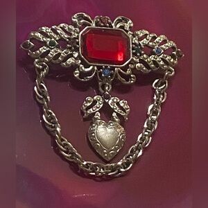 Vintage Costume Dangling Heart Chain Brooch #7274